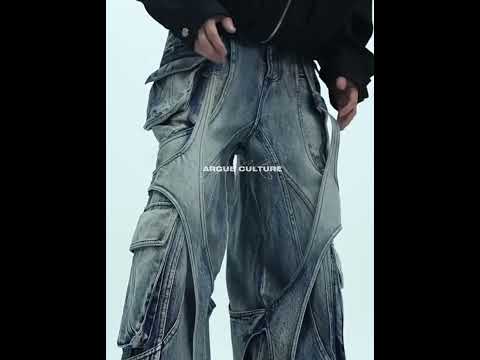 360-degree video showing the distressed details, wide leg fit and raw hem of these punk-inspired cargo pants