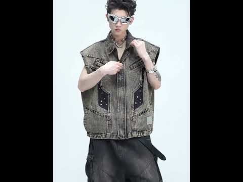 360-degree video showcasing the distressed denim vest with metal stud details from all angles