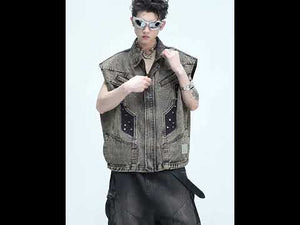360-degree video showcasing the distressed denim vest with metal stud details from all angles