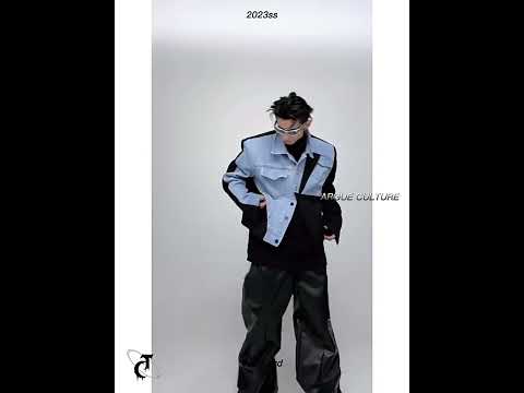 360-degree video showing all angles of the avant-garde denim-blazer hybrid jacket with shoulder pads