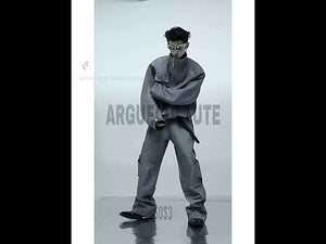 Video demonstrating the movement and features of futuristic utility windbreaker set with metal zipper details
