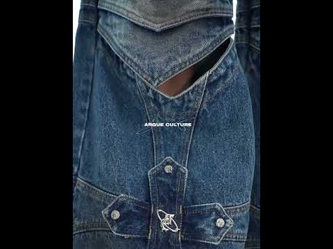 360-degree video showcase of armor-inspired cutout jeans with movement and detail views
