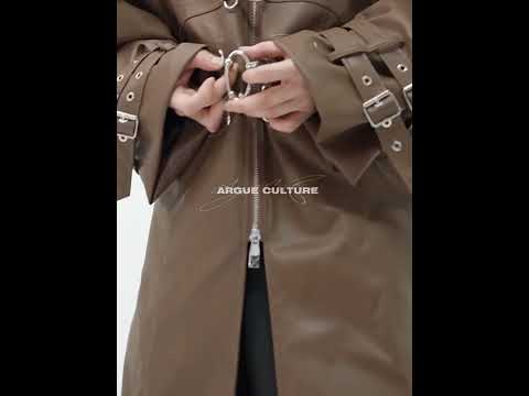 360-degree video showing all angles of the deconstructed patchwork leather trench coat with metal buckle details