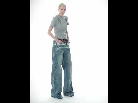 Loose Washed Studded Micro-Flare Jeans in Blue Cotton | ArguE CulturE
