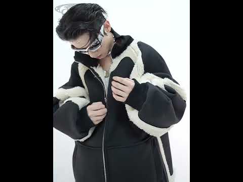 360-degree video showing all angles of this deconstructed shearling bomber jacket with faux fur collar