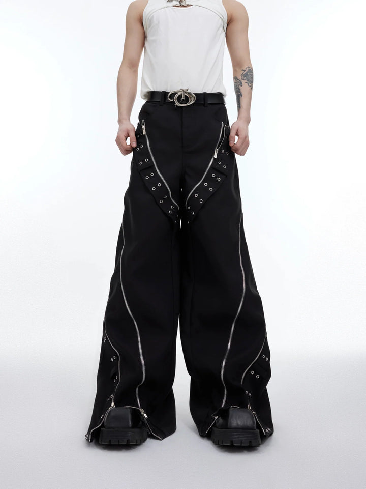 Punk Men's Deconstructed Wide - Leg Causal Trousers with Metal Elements - ArguE CulturE