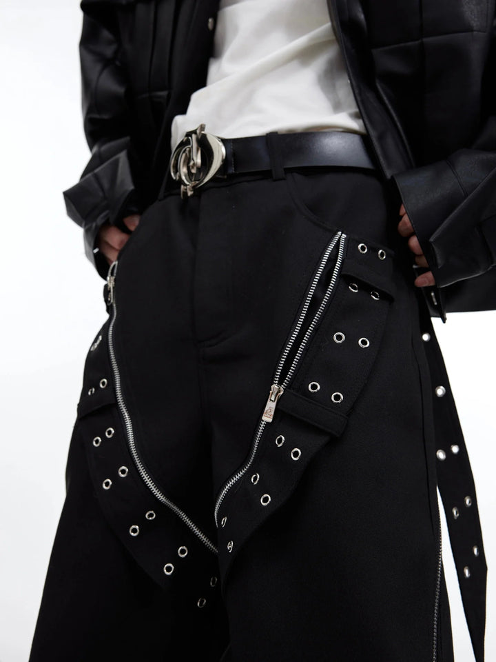 Punk Men's Deconstructed Wide - Leg Causal Trousers with Metal Elements - ArguE CulturE