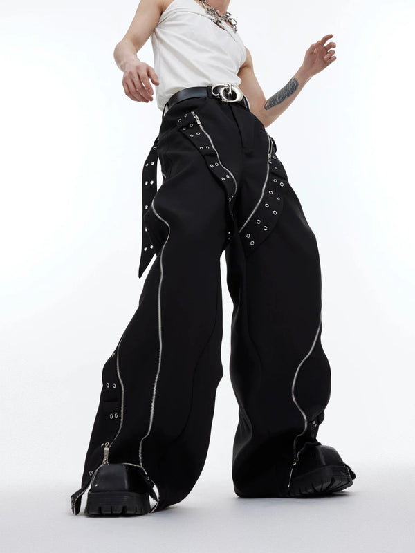 Punk Men's Deconstructed Wide - Leg Causal Trousers with Metal Elements - ArguE CulturE