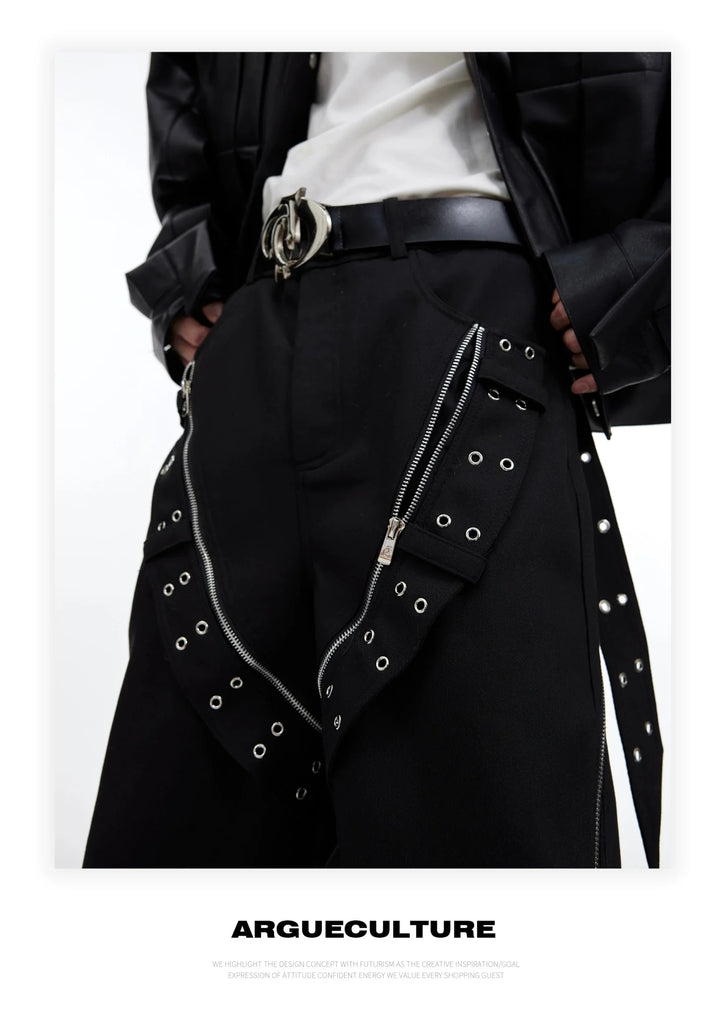 Punk Men's Deconstructed Wide - Leg Causal Trousers with Metal Elements - ArguE CulturE