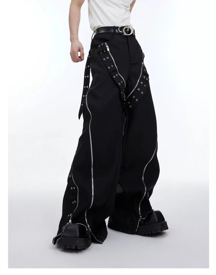 Punk Men's Deconstructed Wide - Leg Causal Trousers with Metal Elements - ArguE CulturE