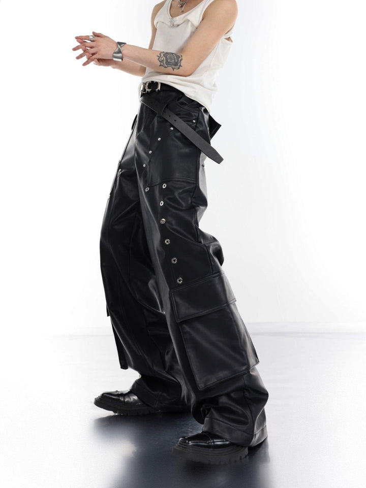 Punk Wide - Leg Leather Trousers | Metal Rivets Pockets Cargo Pants - ArguE CulturE