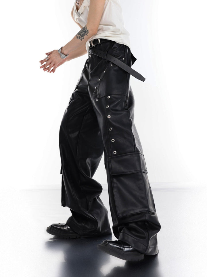 Punk Wide - Leg Leather Trousers | Metal Rivets Pockets Cargo Pants - ArguE CulturE