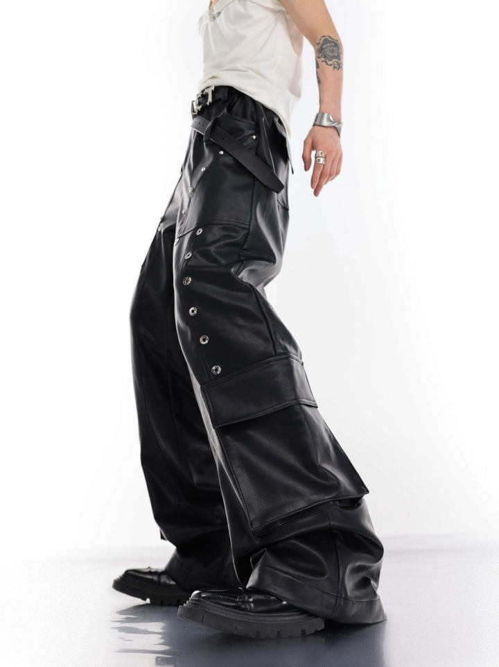 Punk Wide - Leg Leather Trousers | Metal Rivets Pockets Cargo Pants - ArguE CulturE