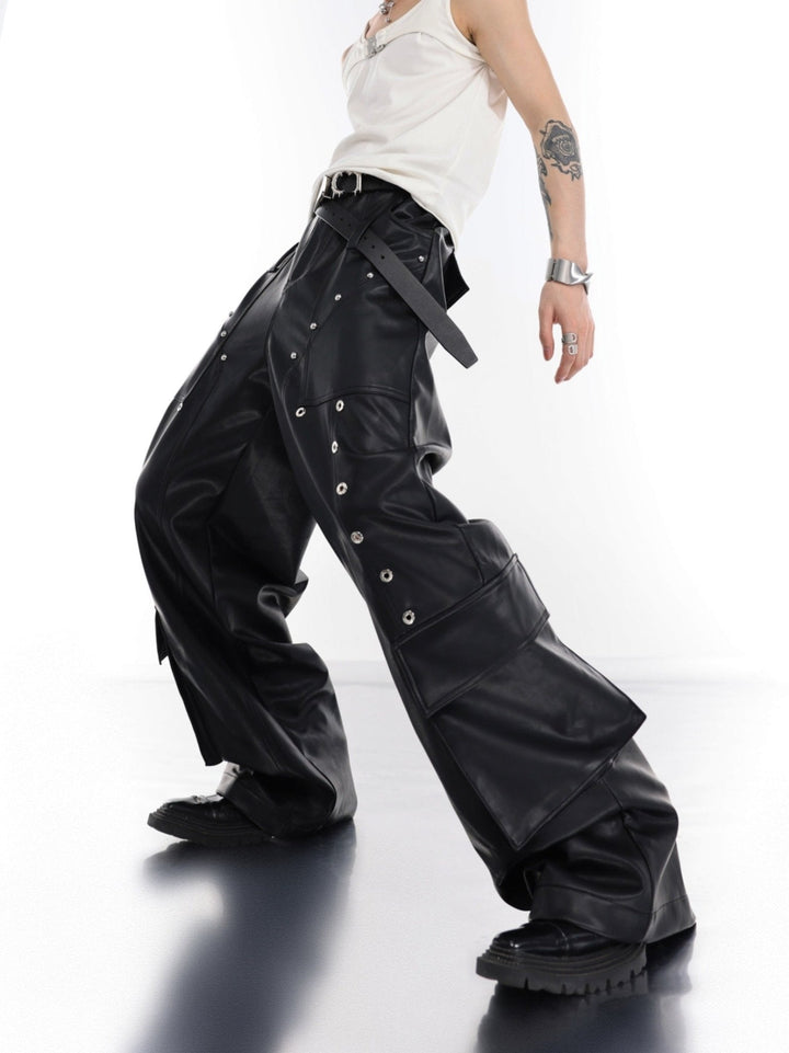 Punk Wide - Leg Leather Trousers | Metal Rivets Pockets Cargo Pants - ArguE CulturE