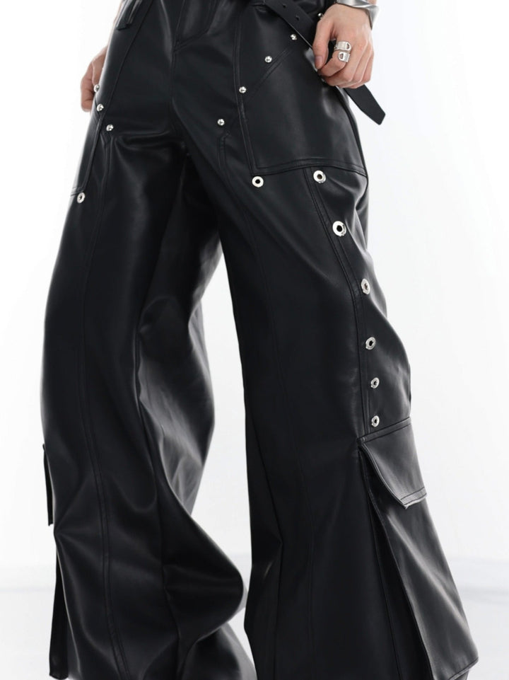 Punk Wide - Leg Leather Trousers | Metal Rivets Pockets Cargo Pants - ArguE CulturE