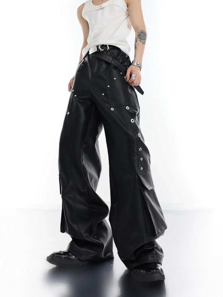 Punk Wide - Leg Leather Trousers | Metal Rivets Pockets Cargo Pants - ArguE CulturE