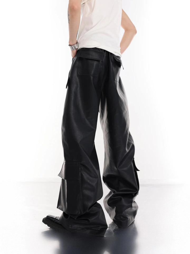 Punk Wide - Leg Leather Trousers | Metal Rivets Pockets Cargo Pants - ArguE CulturE