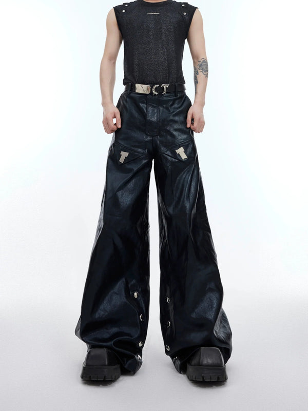 Punk Wide - Leg Liquid Shine Leather Pants with Metal Embellishments - ArguE CulturE