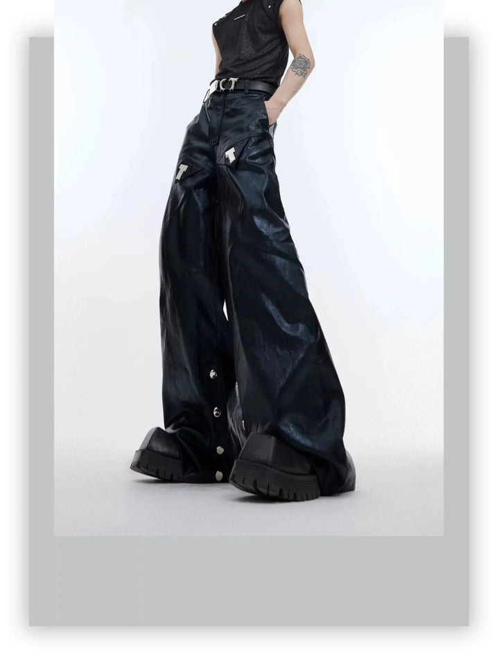 Punk Wide - Leg Liquid Shine Leather Pants with Metal Embellishments - ArguE CulturE