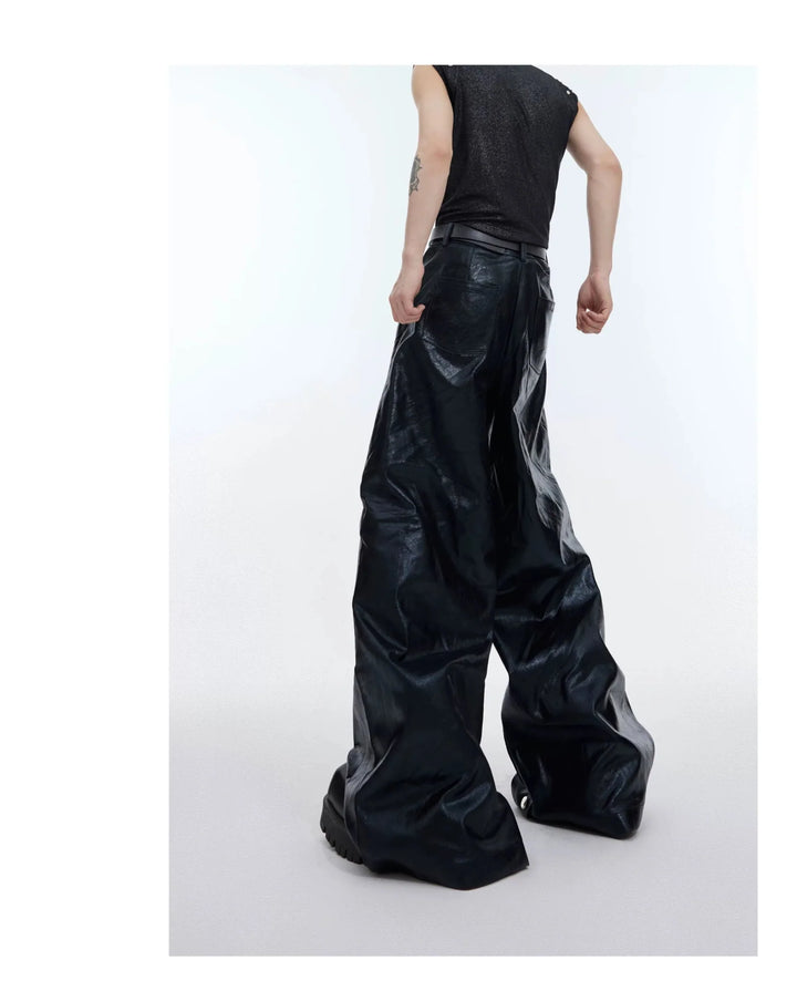 Punk Wide - Leg Liquid Shine Leather Pants with Metal Embellishments - ArguE CulturE