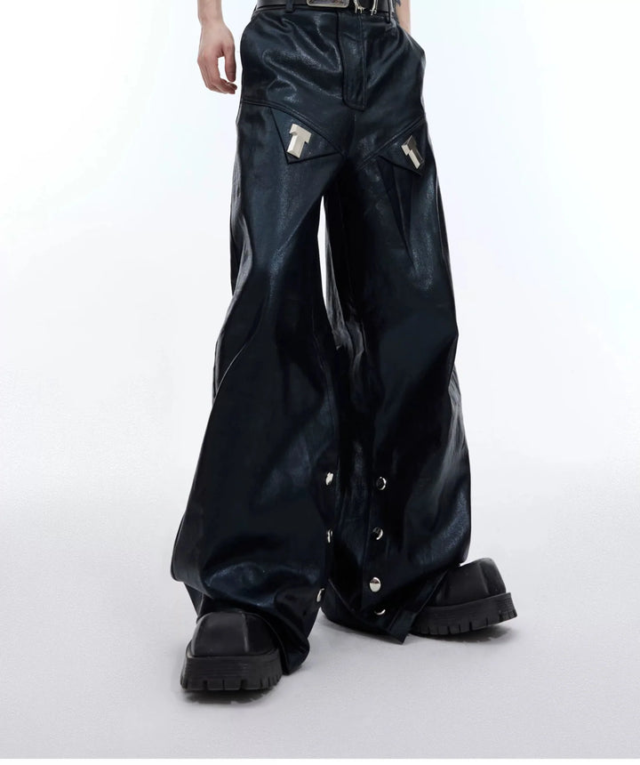 Punk Wide - Leg Liquid Shine Leather Pants with Metal Embellishments - ArguE CulturE