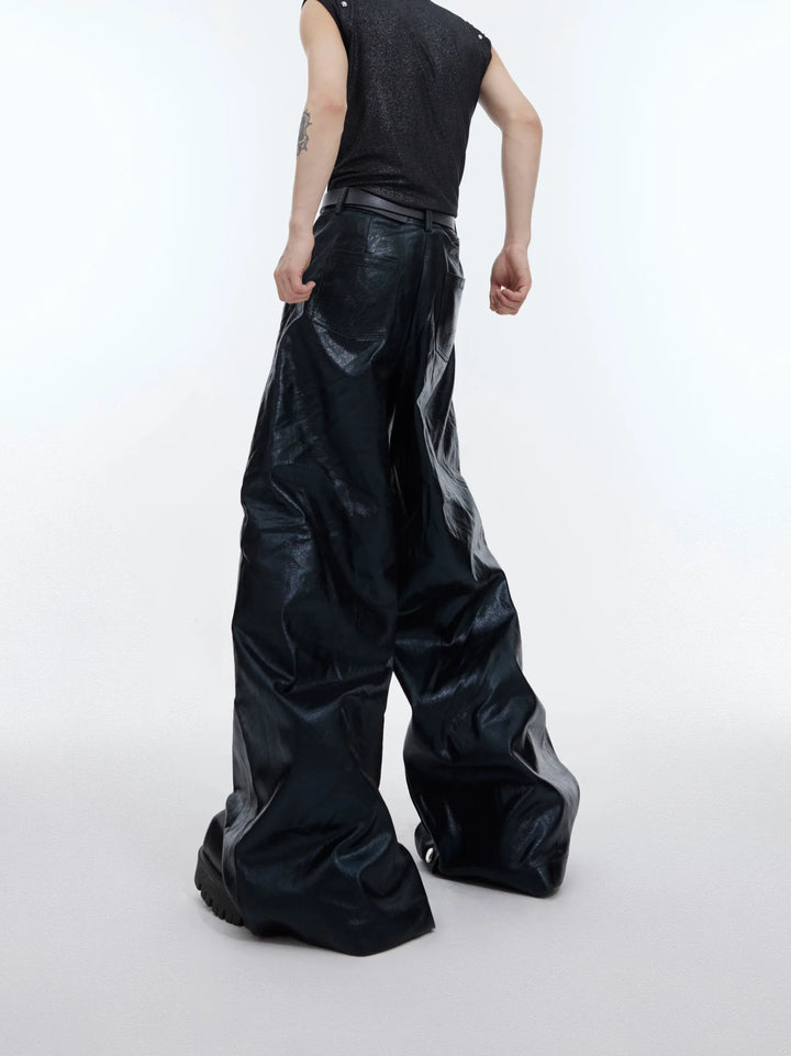 Punk Wide - Leg Liquid Shine Leather Pants with Metal Embellishments - ArguE CulturE