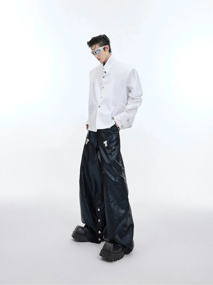 Punk Wide - Leg Liquid Shine Leather Pants with Metal Embellishments - ArguE CulturE