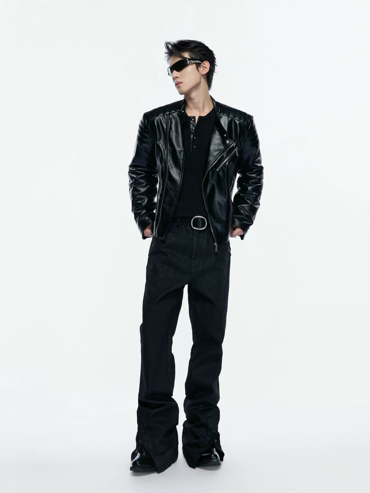 Quilted Faux Leather Biker Jacket with Diagonal Zip - main image 5