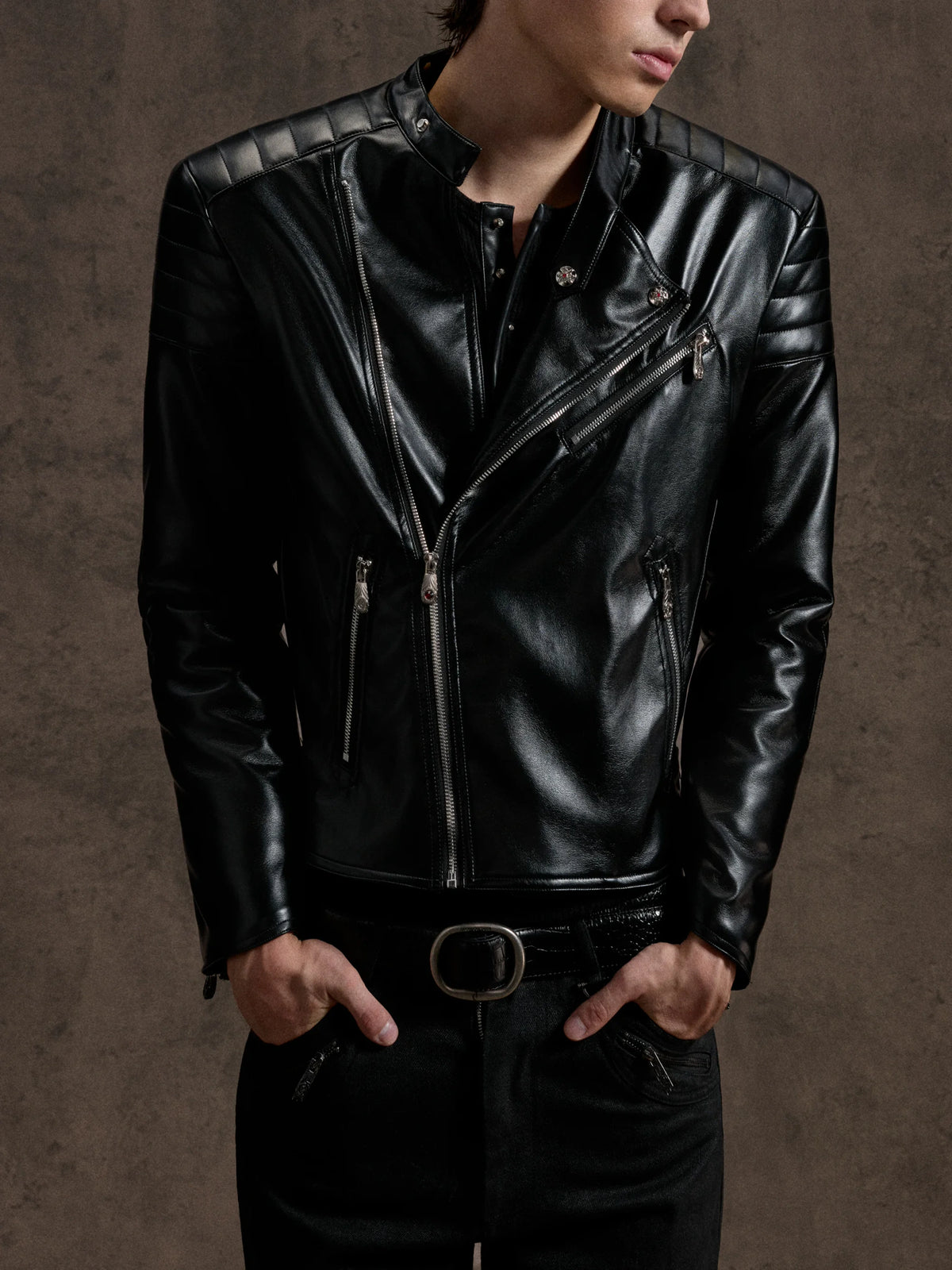 Quilted Faux Leather Biker Jacket with Diagonal Zip - main image 1