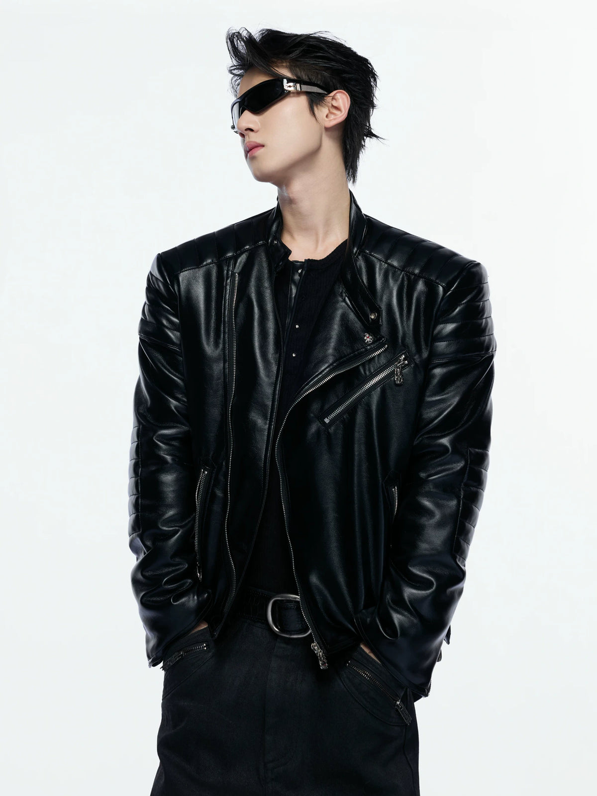Quilted Faux Leather Biker Jacket with Diagonal Zip - main image 4