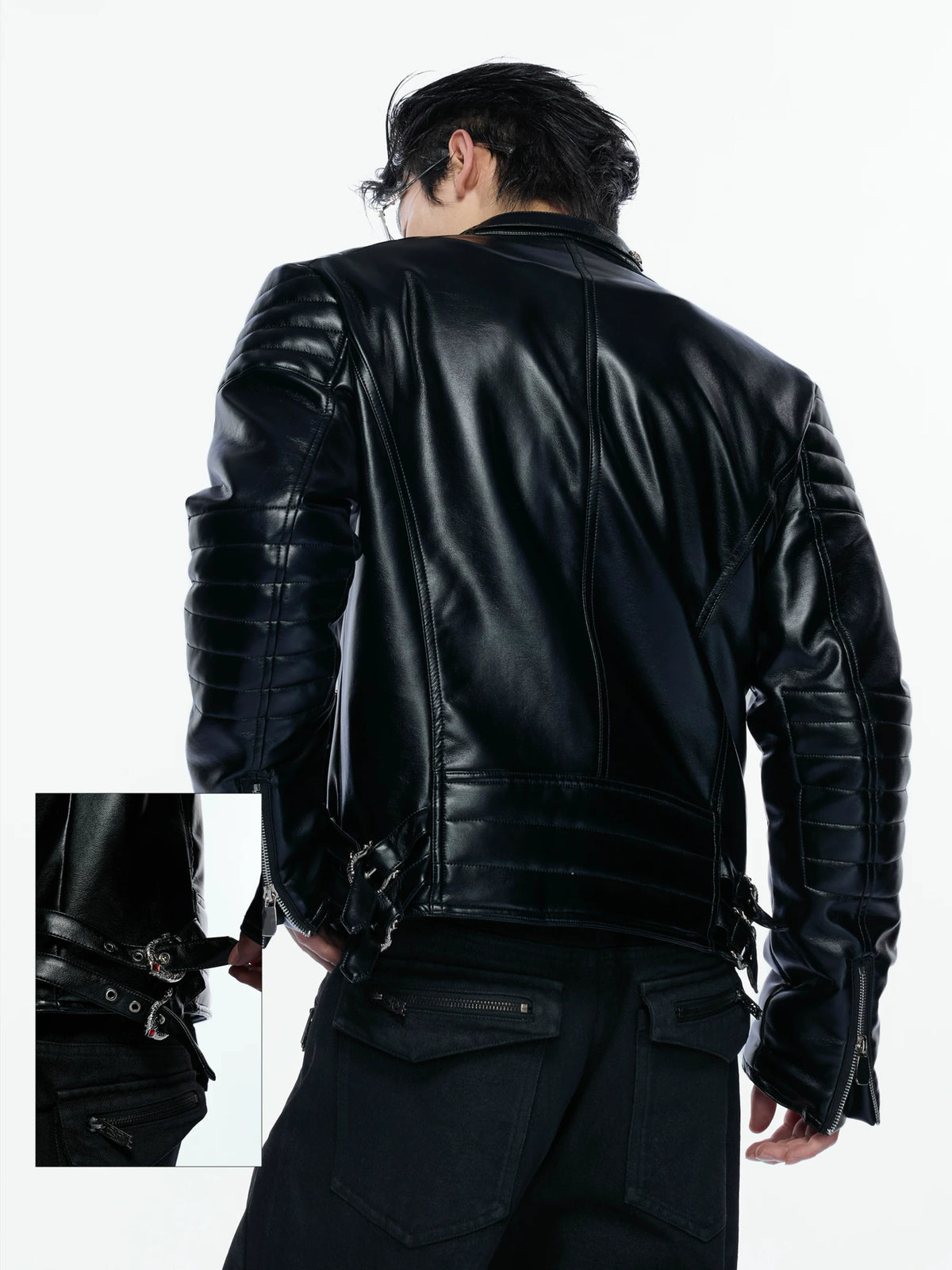 Quilted Faux Leather Biker Jacket with Diagonal Zip - main image 3