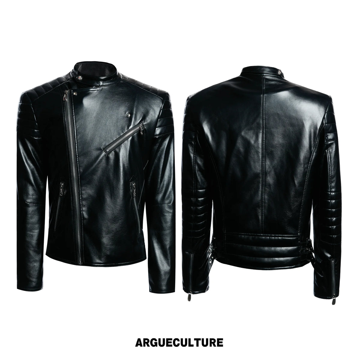 Quilted Faux Leather Biker Jacket with Diagonal Zip - Jet Black