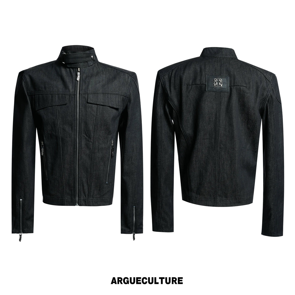 Raw Denim Biker Jacket with Stand Collar in Black - Black