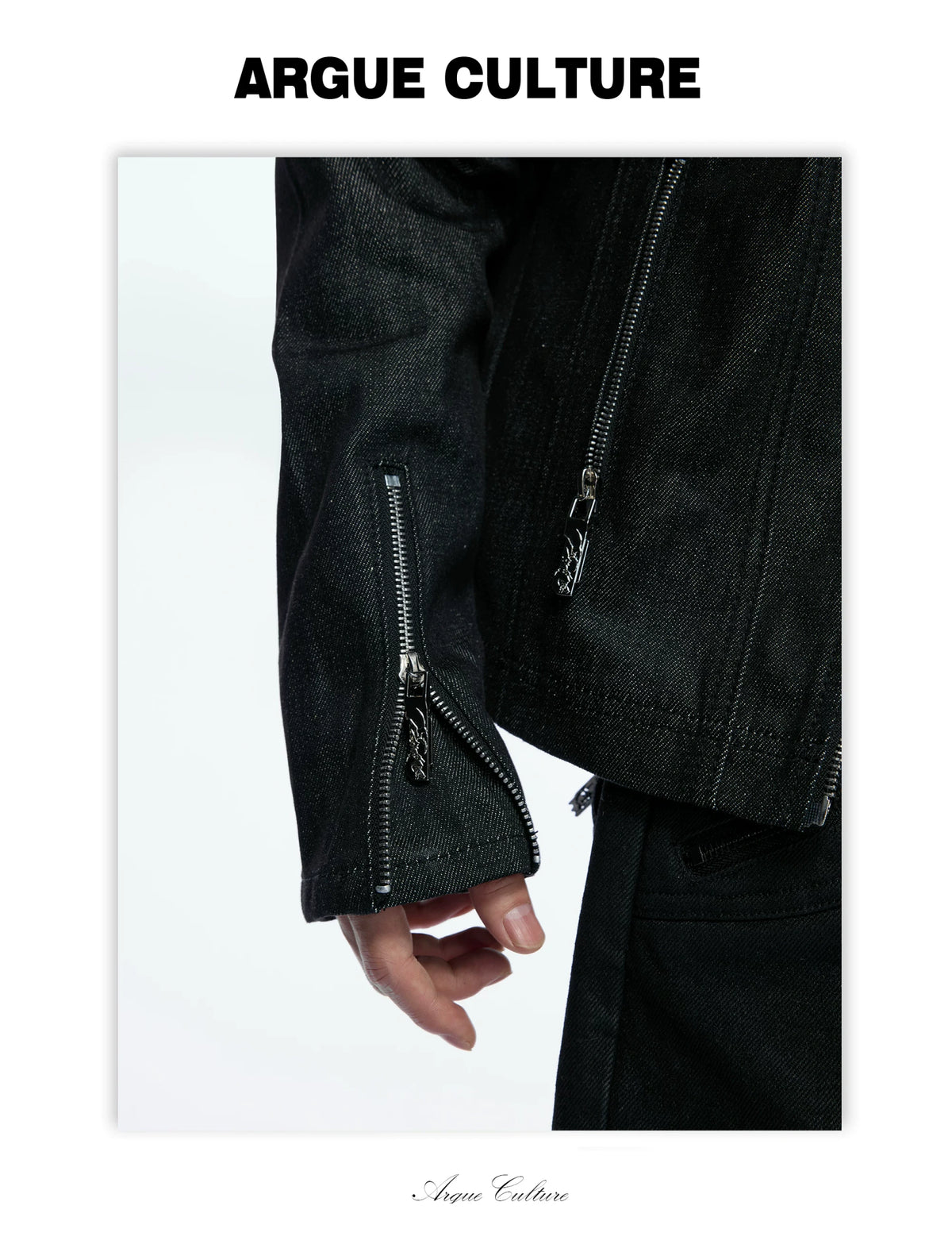 Raw Denim Biker Jacket with Stand Collar in Black - detail image 13