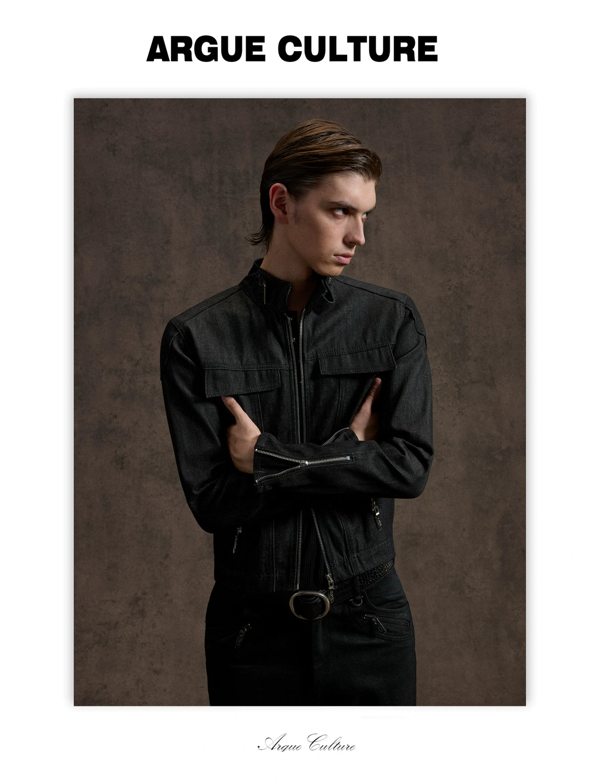 Raw Denim Biker Jacket with Stand Collar in Black - detail image 6