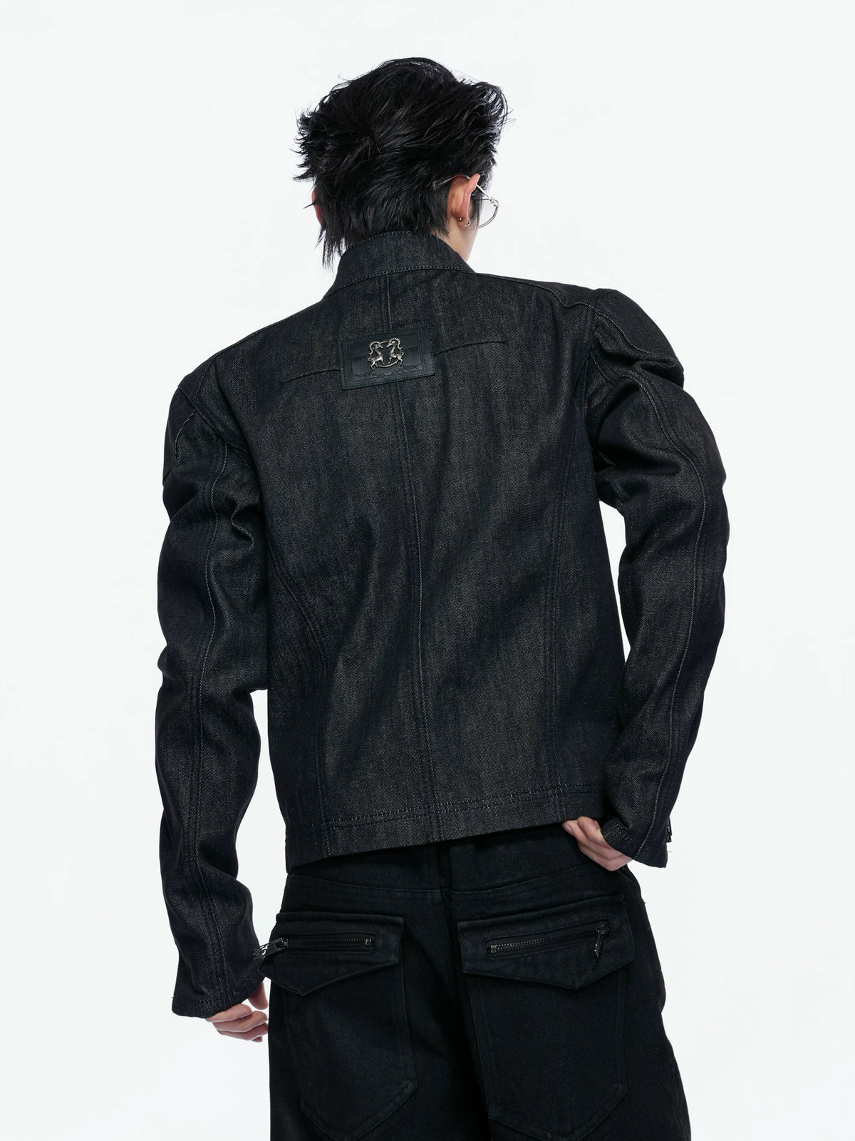 Raw Denim Biker Jacket with Stand Collar in Black - main image 3
