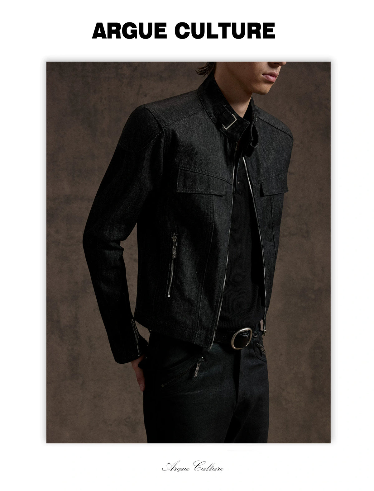 Raw Denim Biker Jacket with Stand Collar in Black - detail image 4