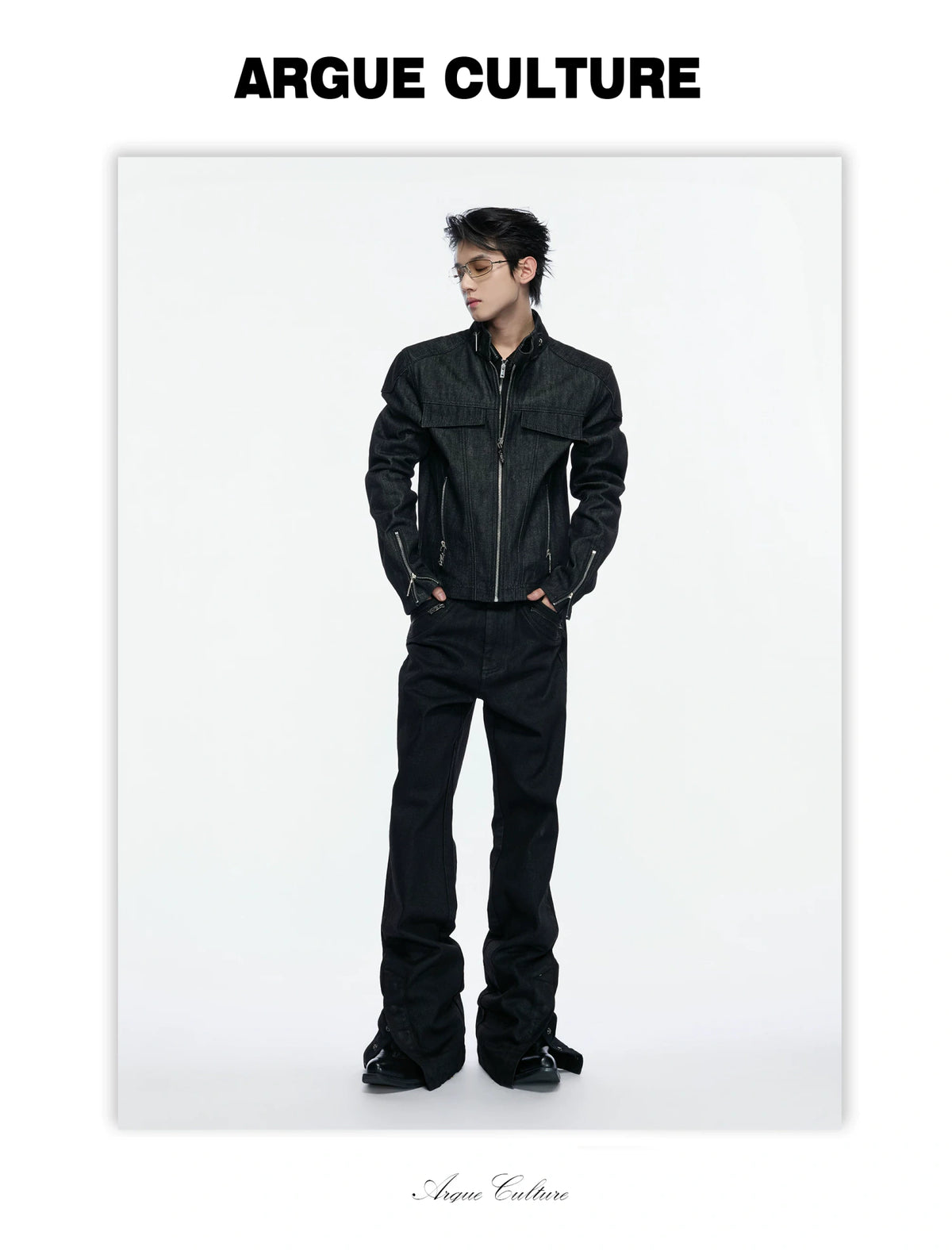 Raw Denim Biker Jacket with Stand Collar in Black - detail image 3