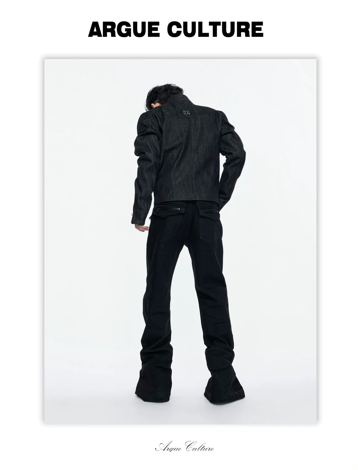 Raw Denim Biker Jacket with Stand Collar in Black - detail image 18