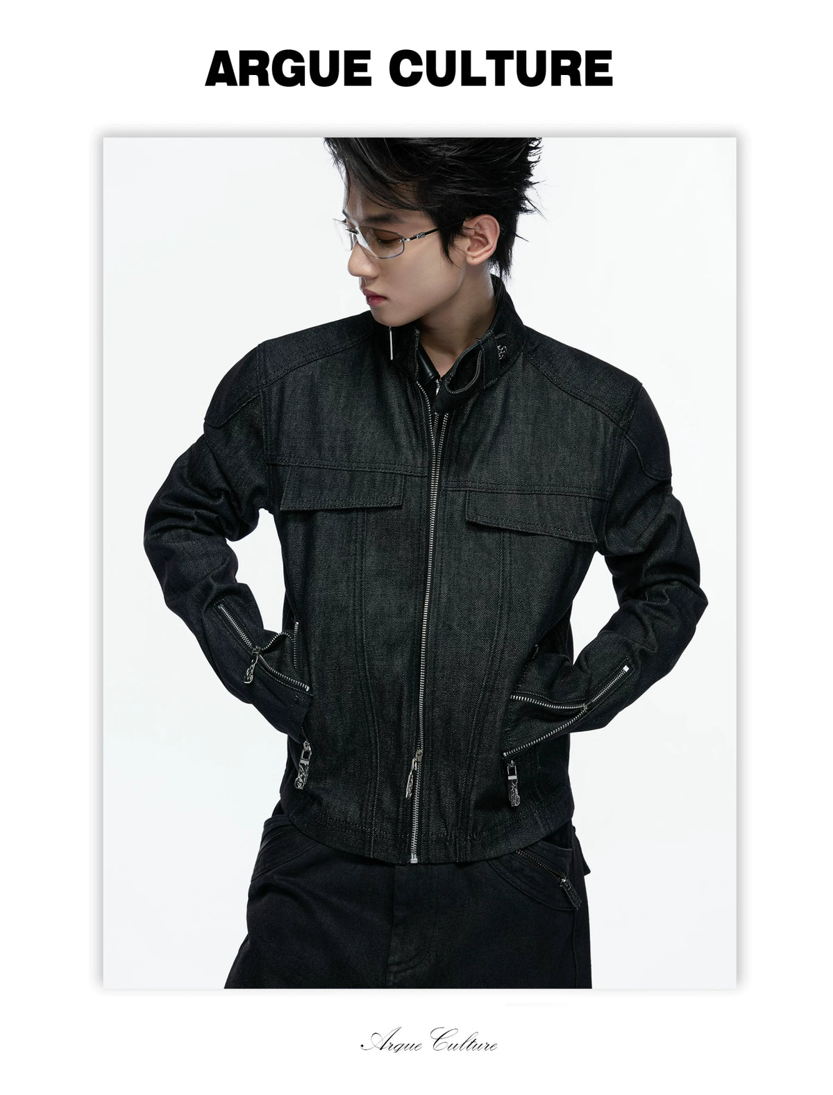 Raw Denim Biker Jacket with Stand Collar in Black - detail image 15