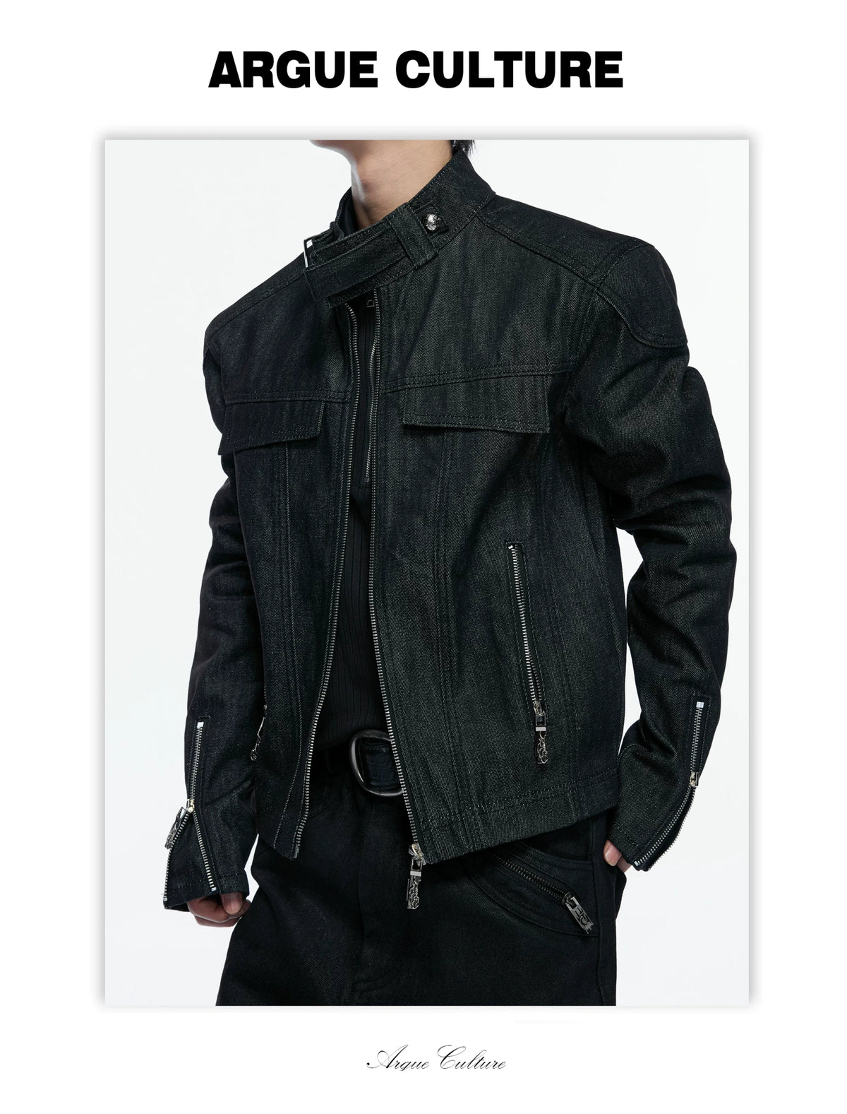 Raw Denim Biker Jacket with Stand Collar in Black - detail image 14