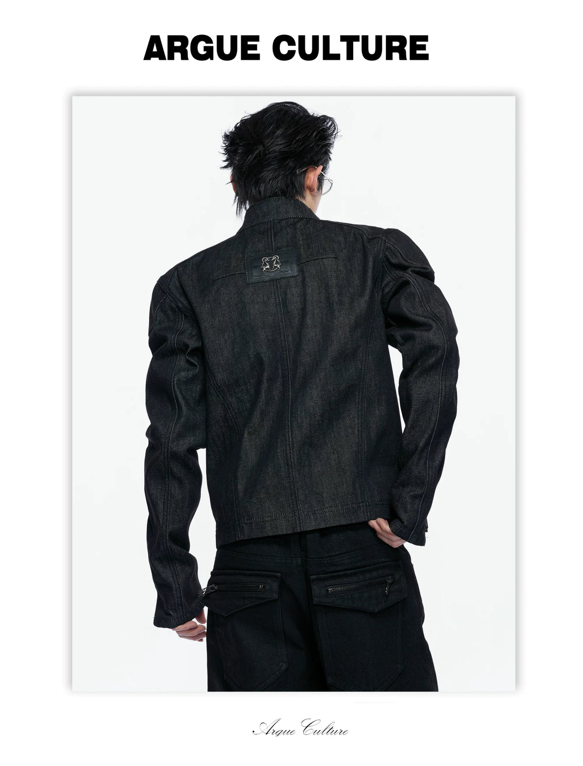 Raw Denim Biker Jacket with Stand Collar in Black - detail image 12