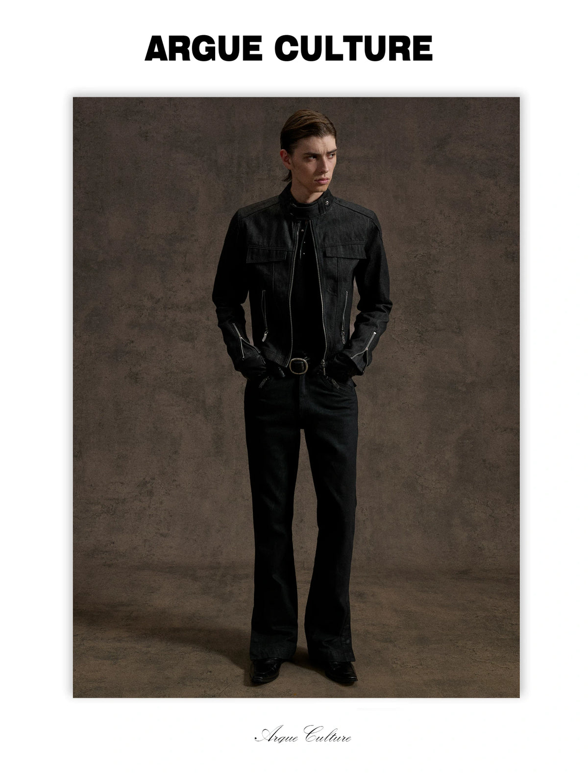 Raw Denim Biker Jacket with Stand Collar in Black - detail image 11