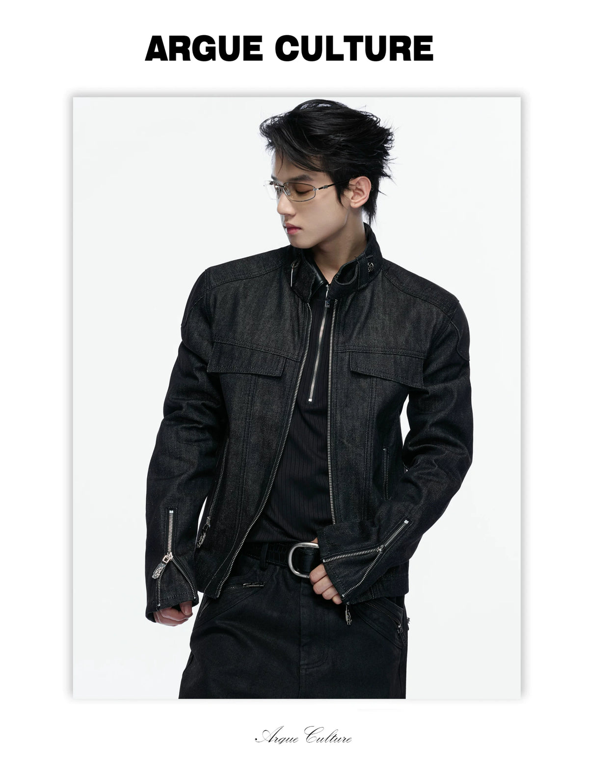 Raw Denim Biker Jacket with Stand Collar in Black - detail image 2