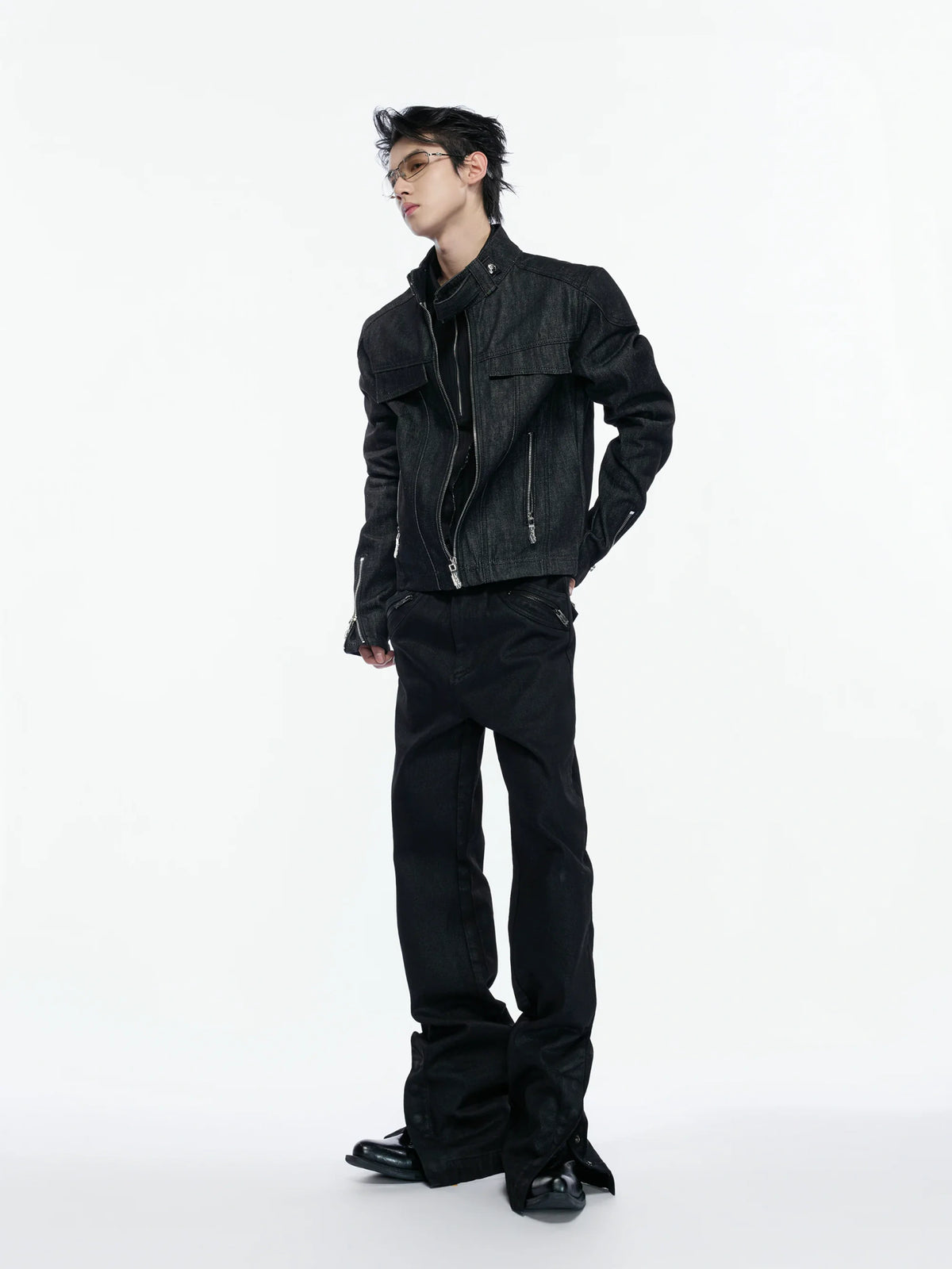 Raw Denim Biker Jacket with Stand Collar in Black - main image 5