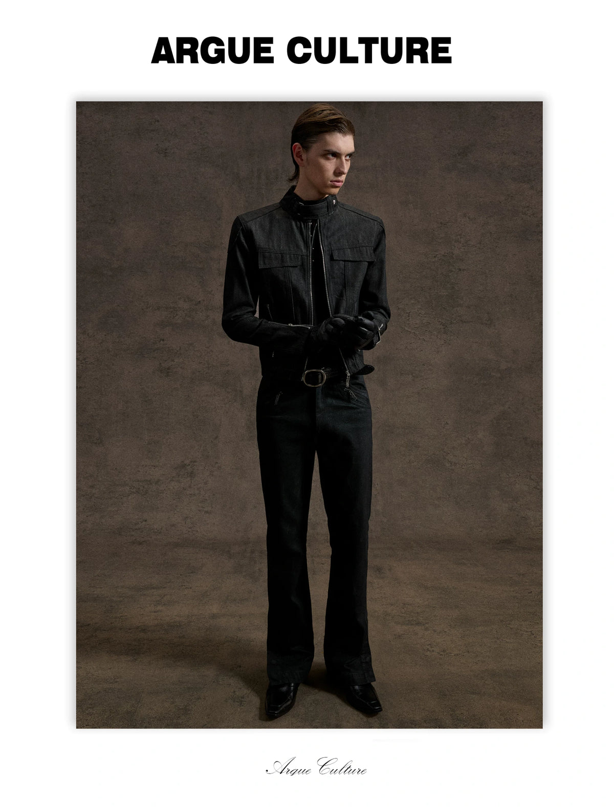 Raw Denim Biker Jacket with Stand Collar in Black - detail image 9