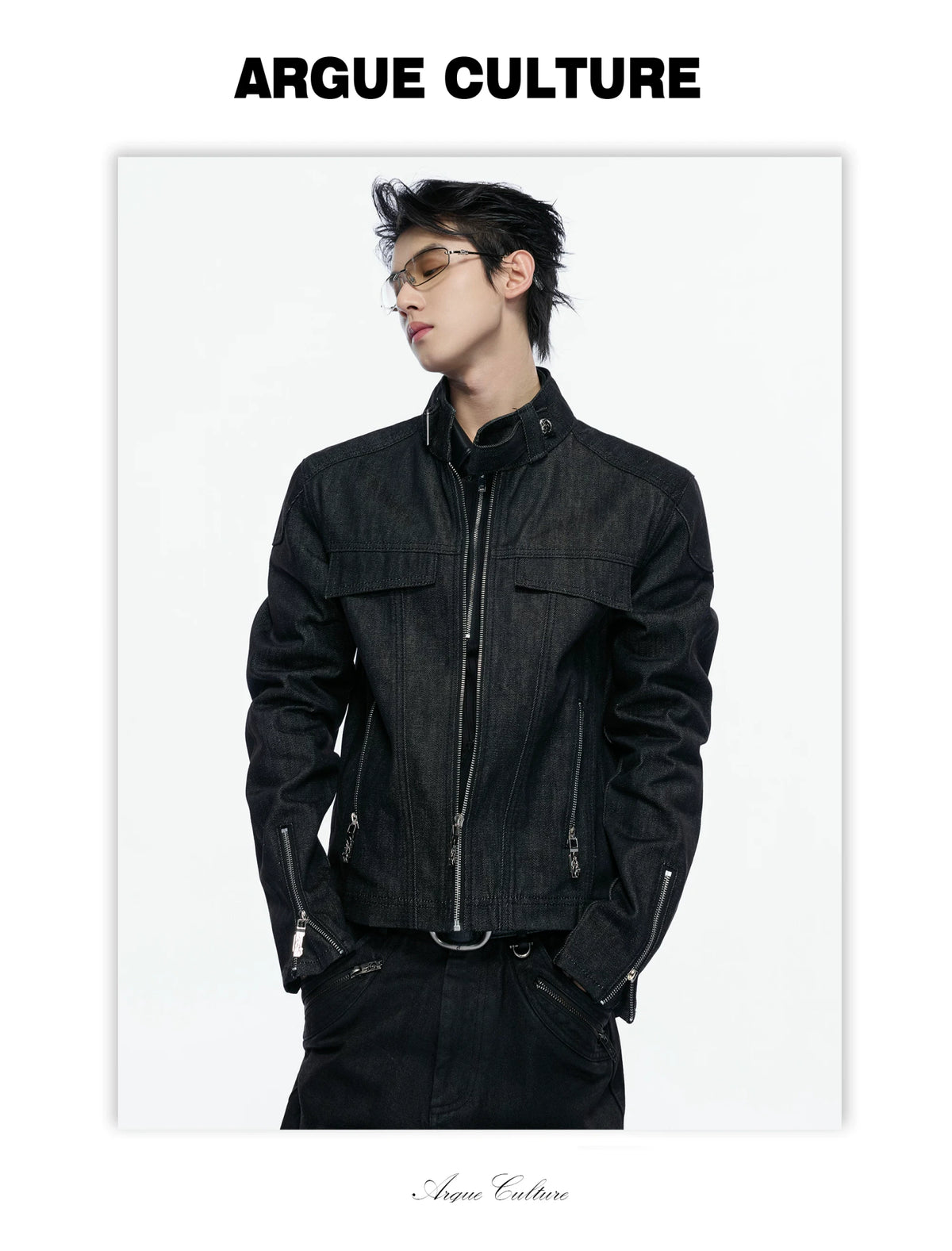 Raw Denim Biker Jacket with Stand Collar in Black - detail image 17
