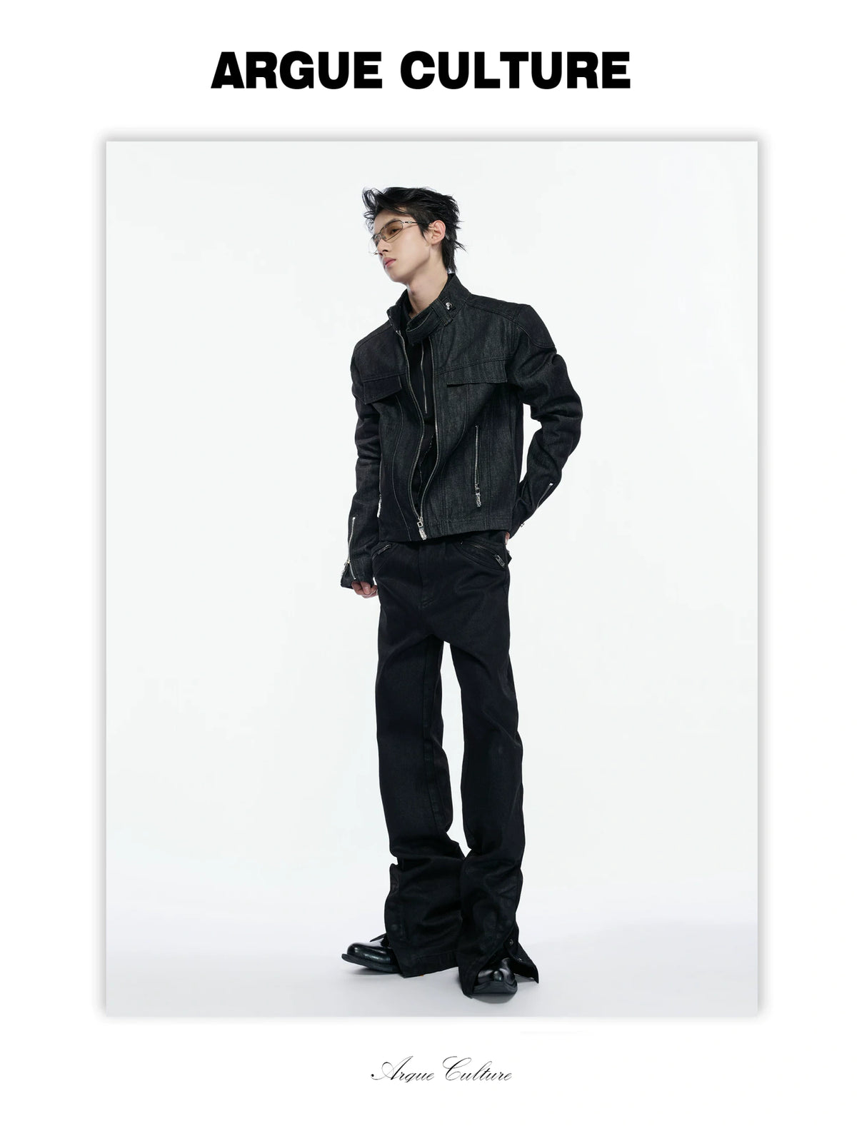 Raw Denim Biker Jacket with Stand Collar in Black - detail image 19