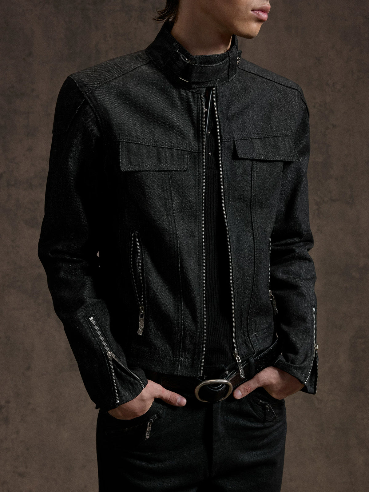 Raw Denim Biker Jacket with Stand Collar in Black - main image 1