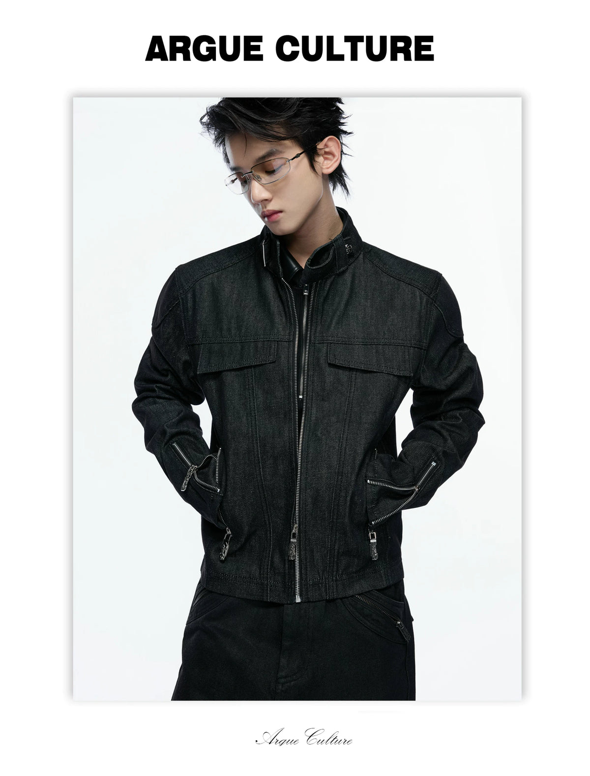 Raw Denim Biker Jacket with Stand Collar in Black - detail image 16